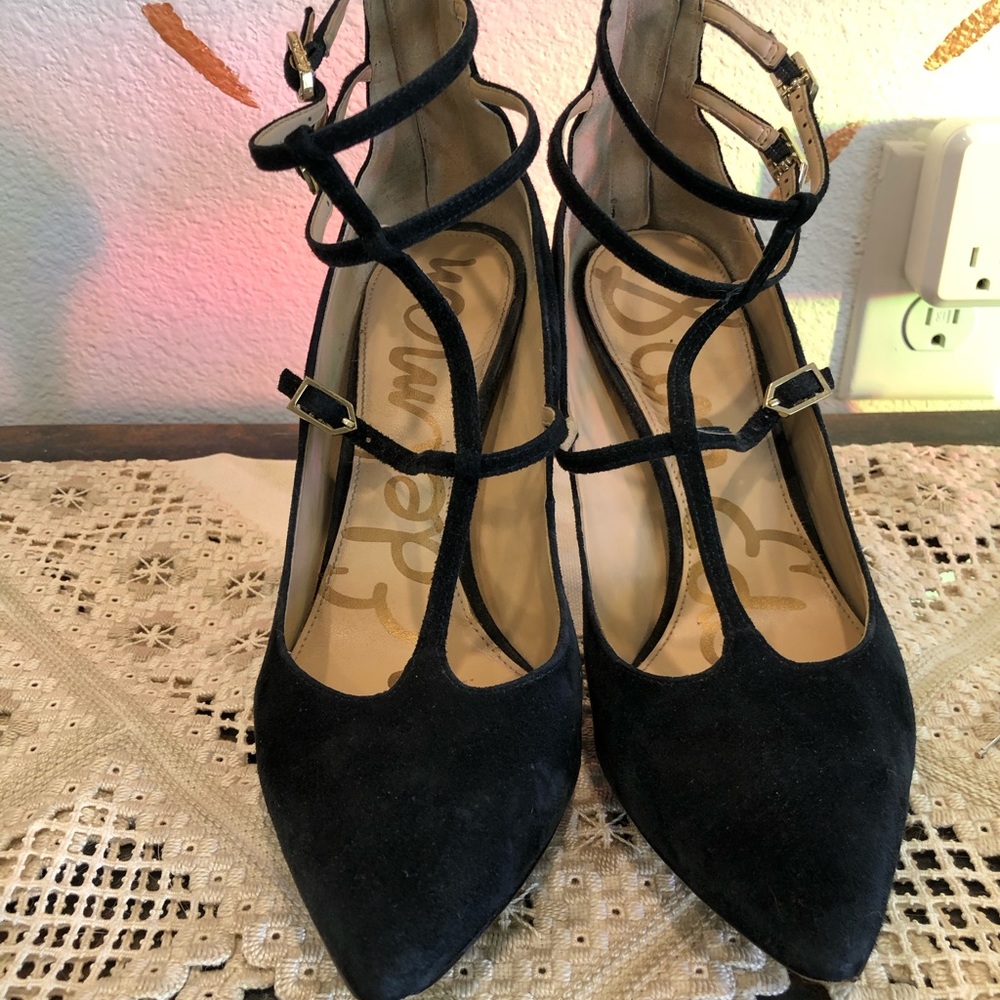 Velvet black strappy heels sz 7 1/2 w/ 3.75 inch